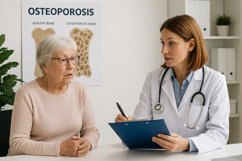 Clínica de reumatología | Mujer mayor consultando en una clínica de osteoporosis- clinica de reumatología