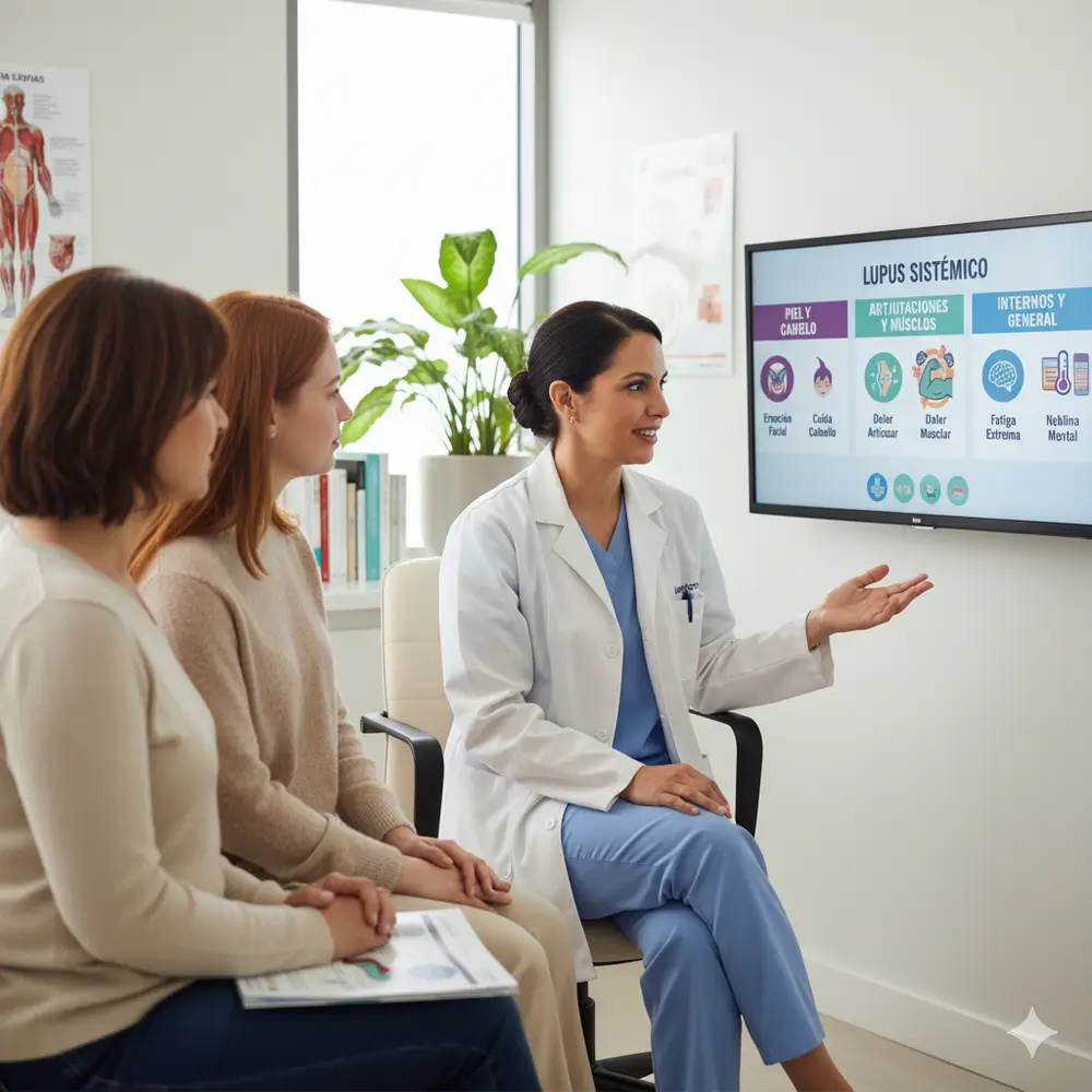 Imagen de médico explicando qué es el lupus a un paciente - clinica de reumatologia